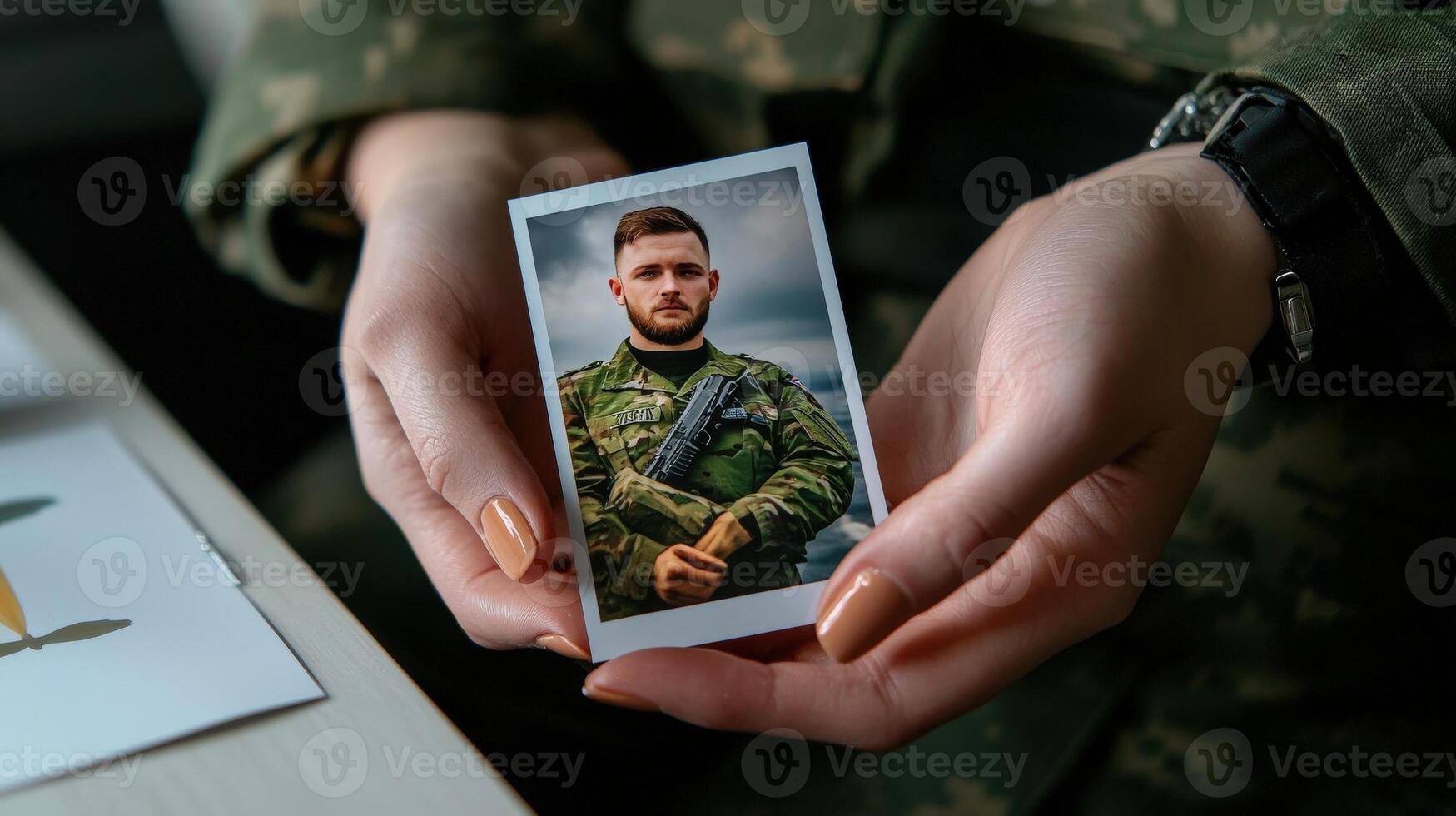 A person holding a photo of a soldier