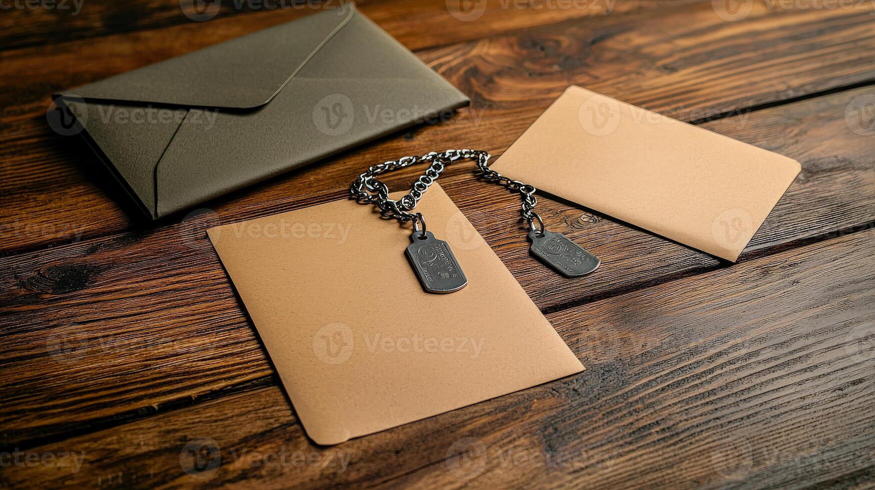A brown envelope with a chain and a key photo