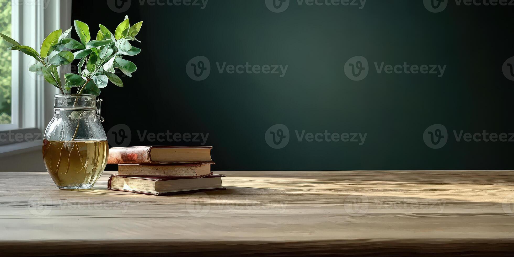A vase of flowers and books on a table photo
