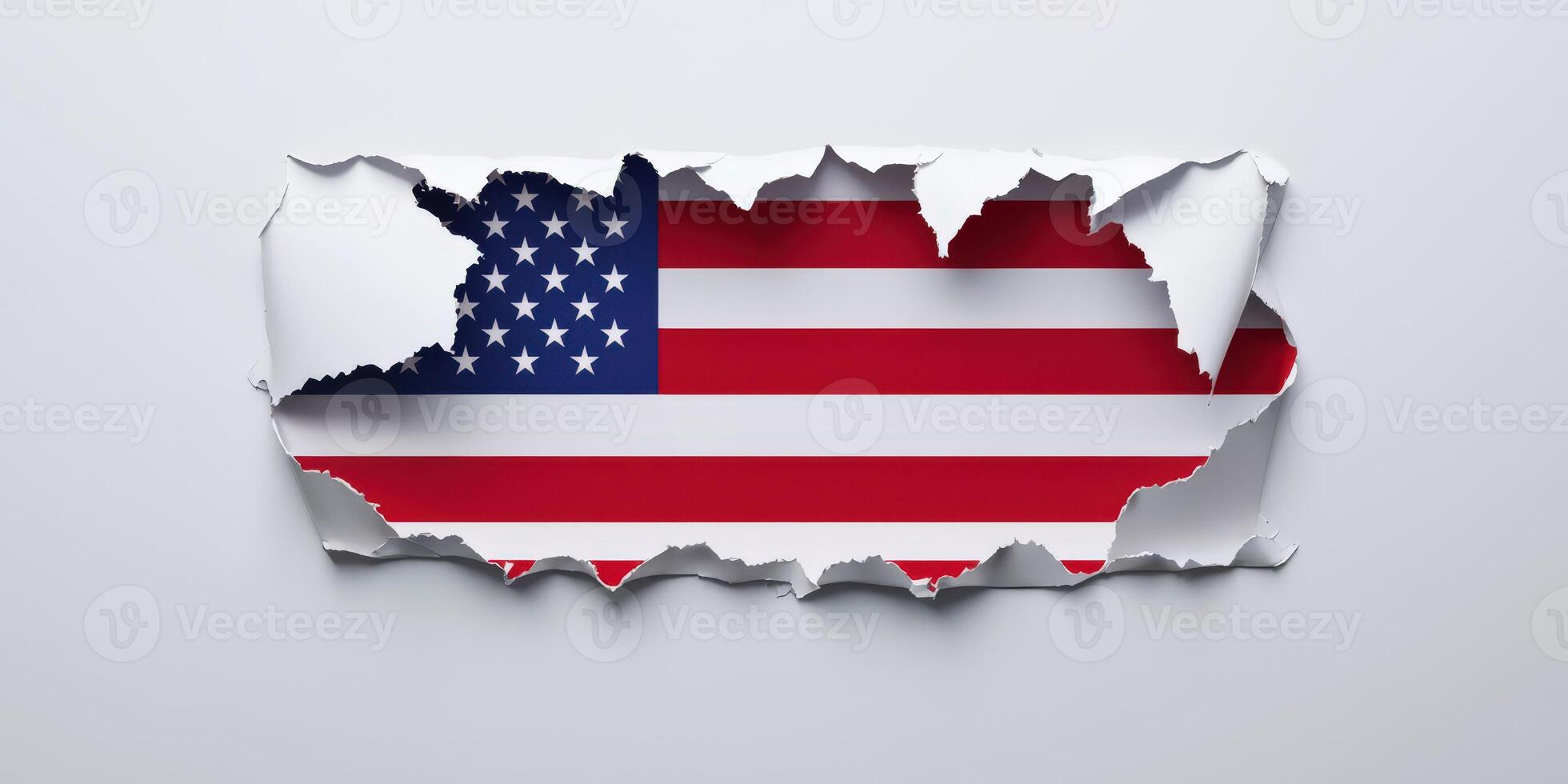American flag in torn paper on white background photo