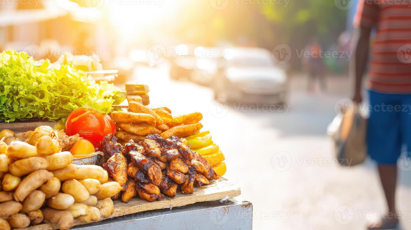 A man is walking down the street with a cart full of food photo