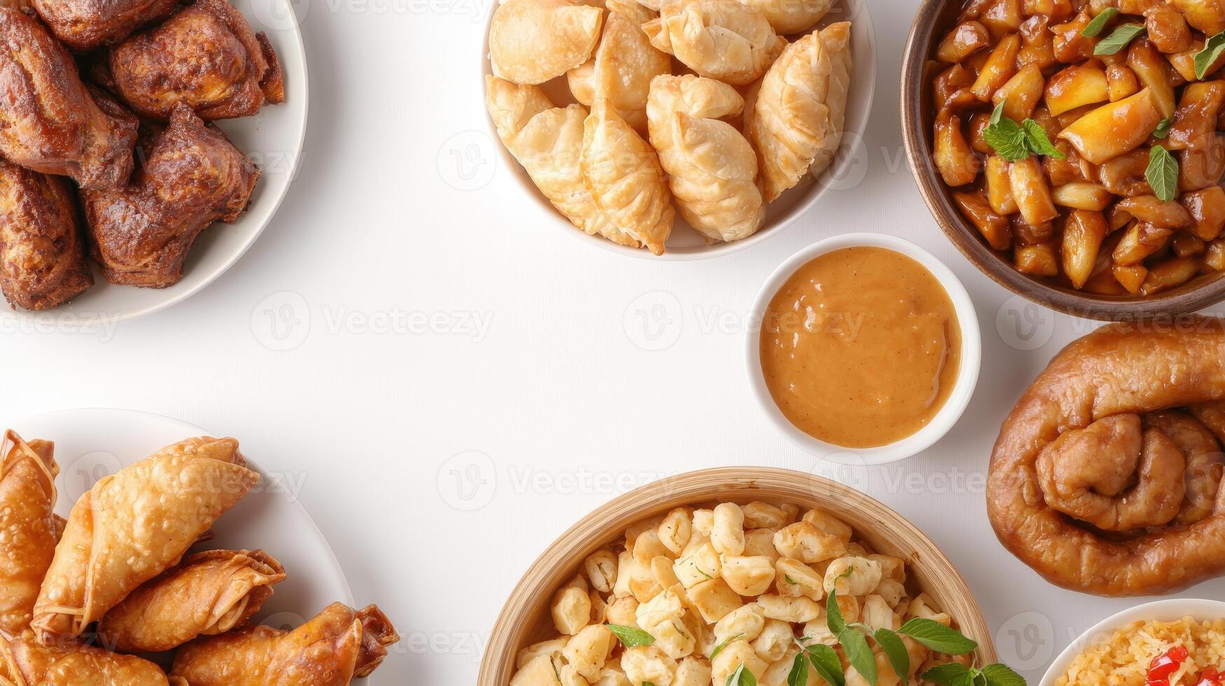 A variety of food items on a white table photo