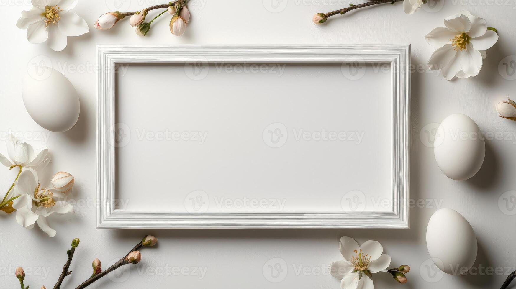 A white frame surrounded by flowers and eggs photo
