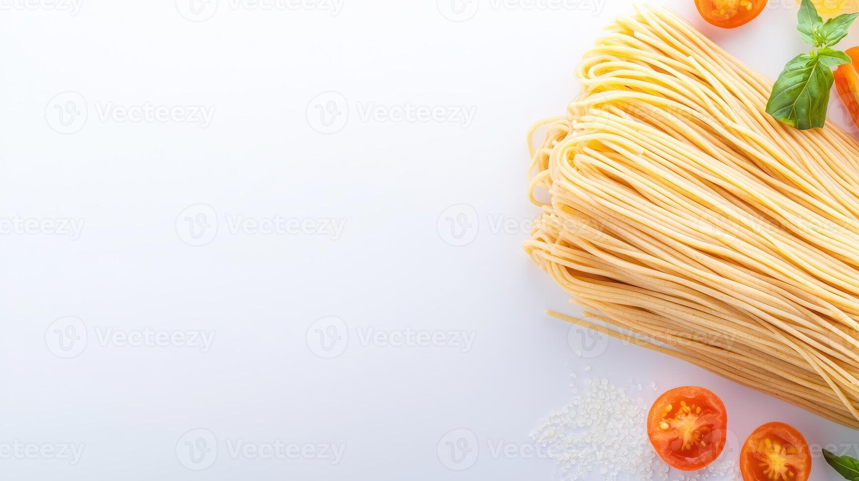 Spaghetti with tomatoes and basil on white background photo
