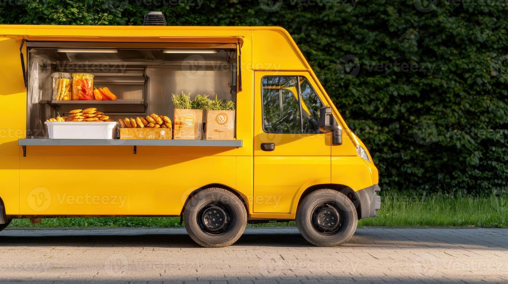 A yellow food truck with food on the side photo