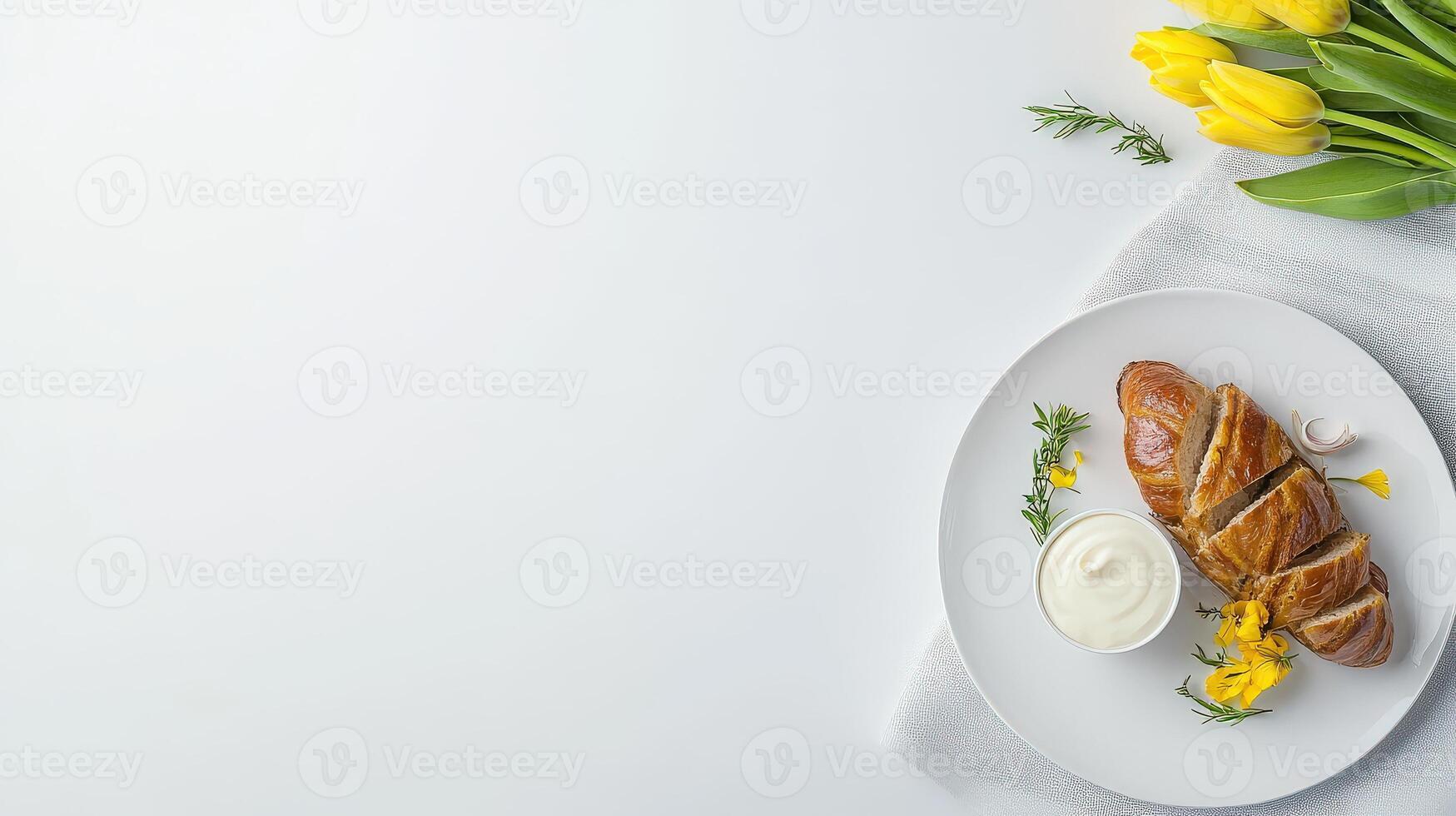 A plate with a croissant and yellow flowers photo