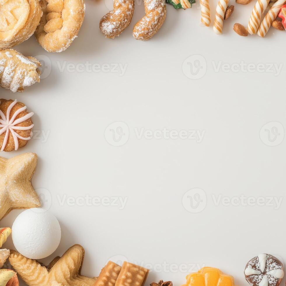 Various cookies and pastries arranged in a frame on a white background photo