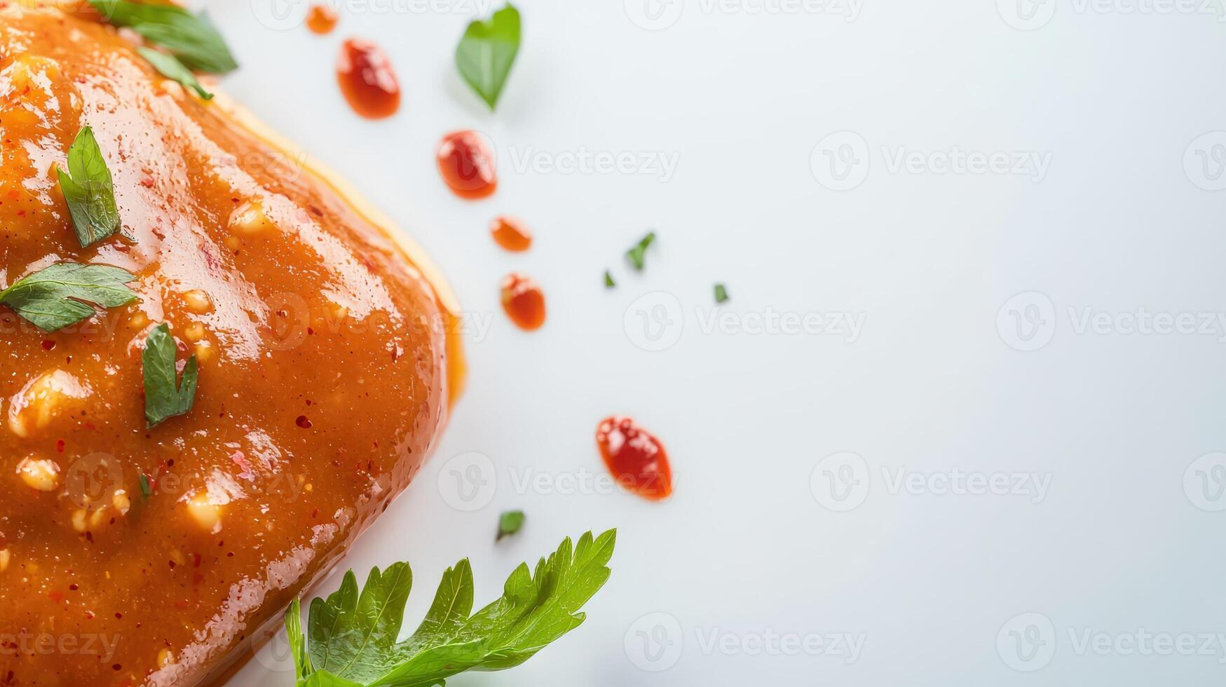 A piece of chicken covered in sauce and garnished with parsley photo
