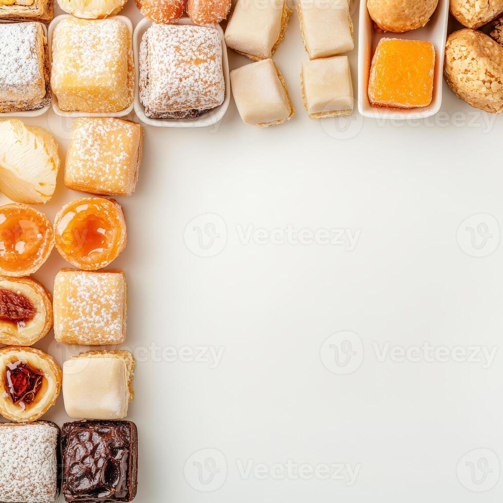 Assorted pastries arranged in a square frame on a white background photo