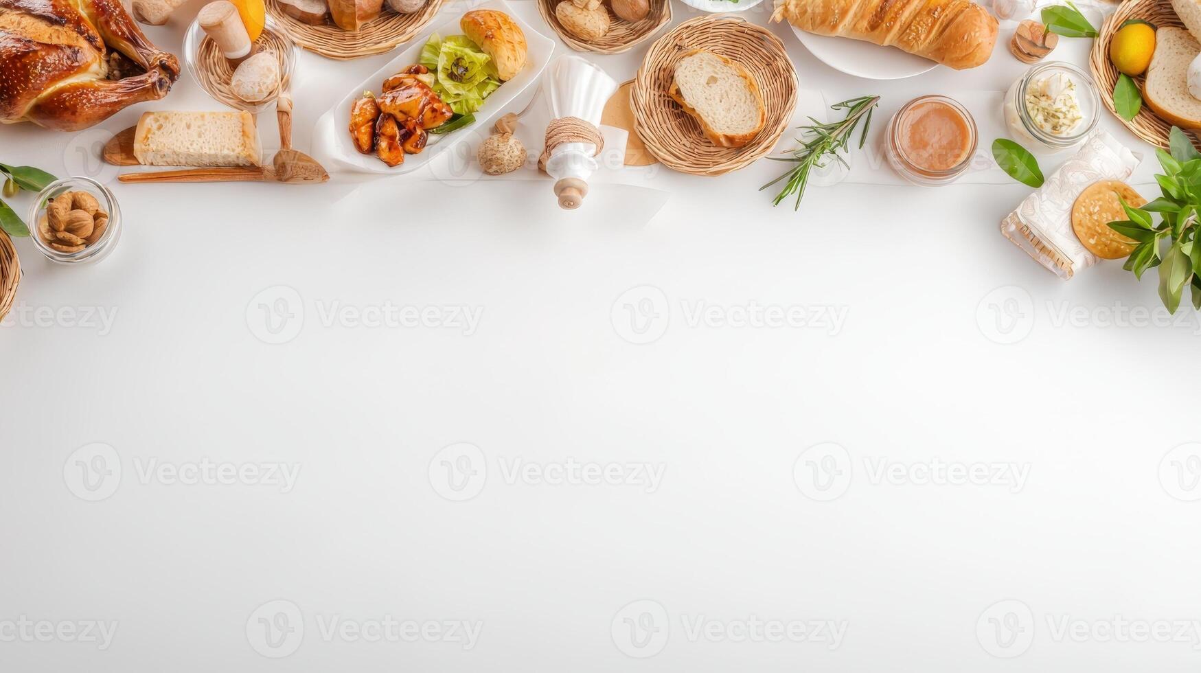 An image of a table with food and bread photo
