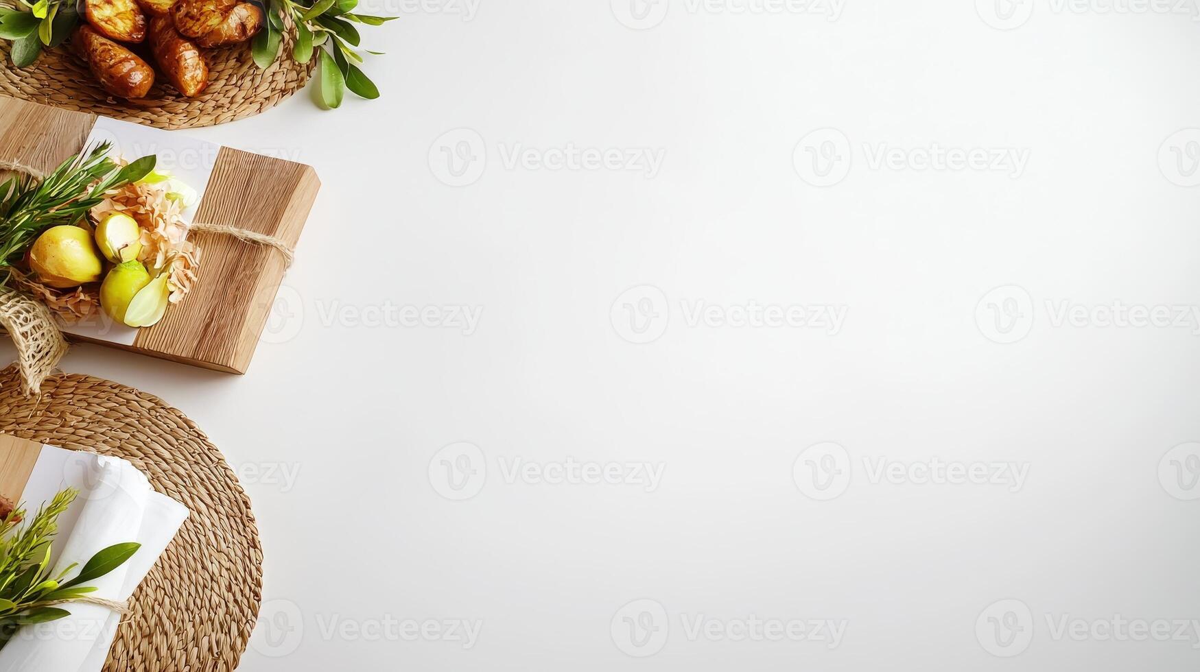A table with a basket of vegetables and a plate of food photo
