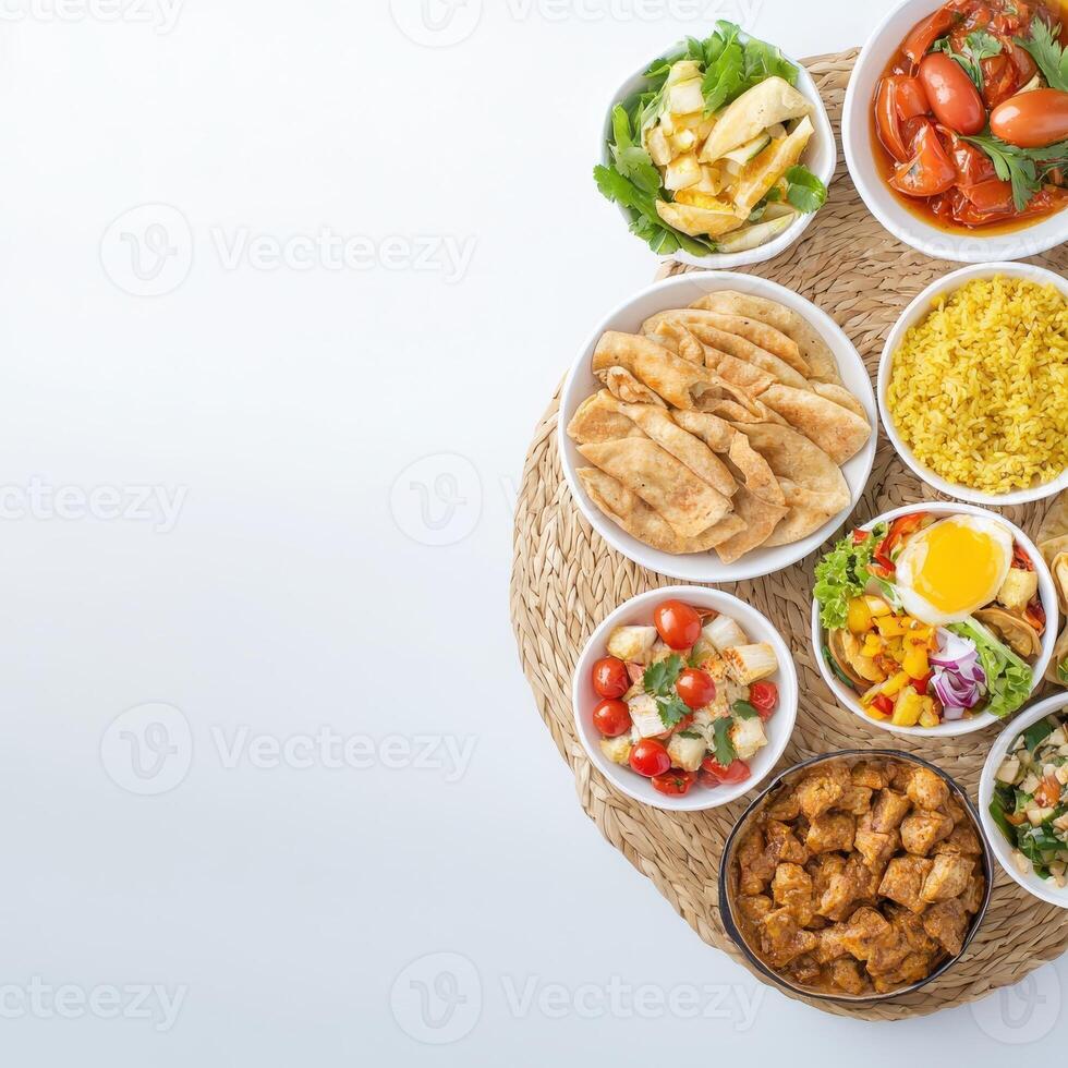 A bowl of food is arranged on a table photo