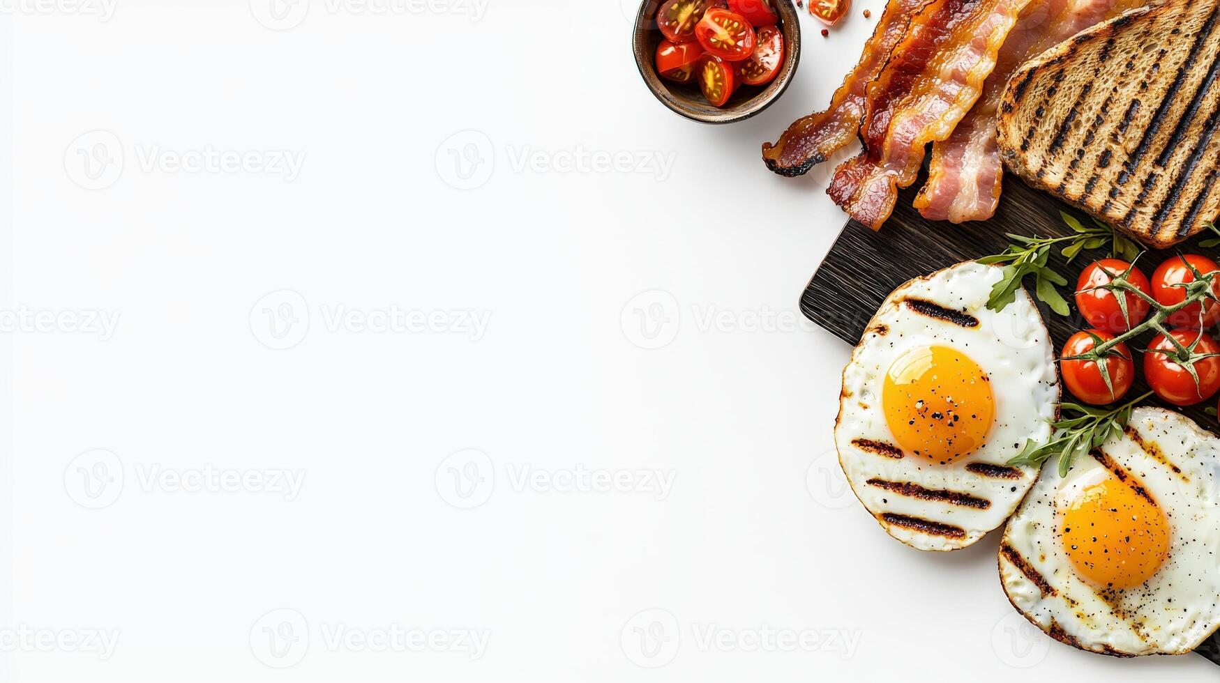 Breakfast with eggs, bacon and tomatoes on a wooden cutting board photo