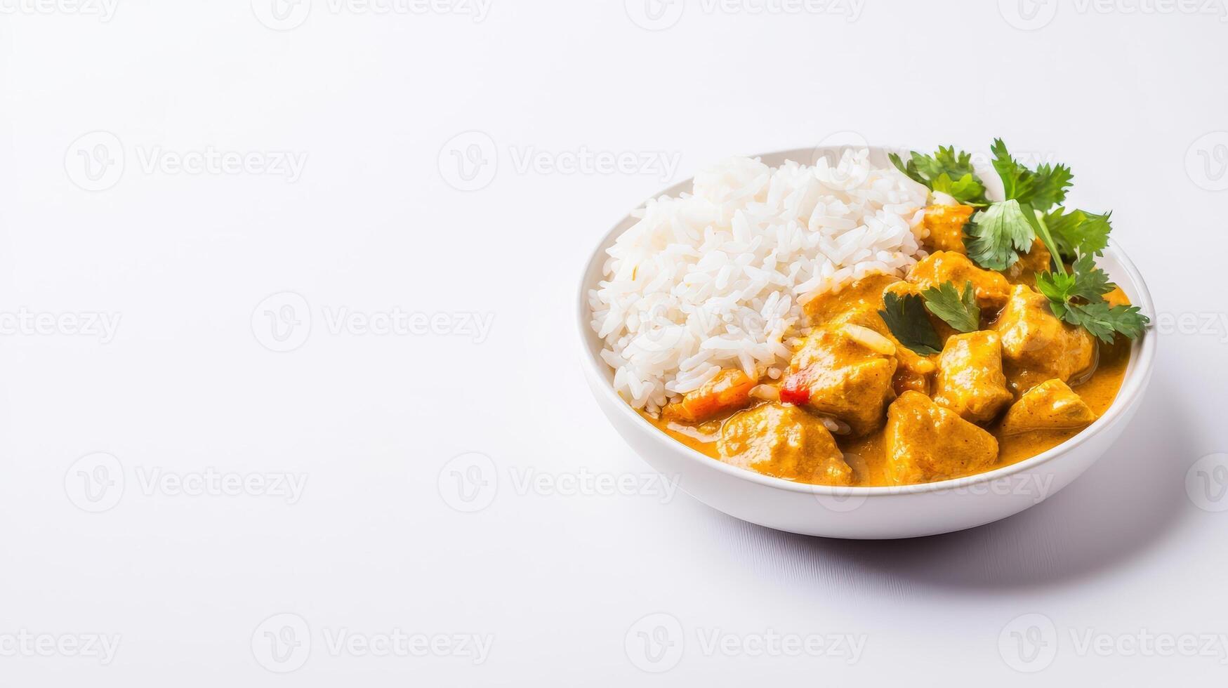 Chicken curry with rice and vegetables in a bowl on a white background photo