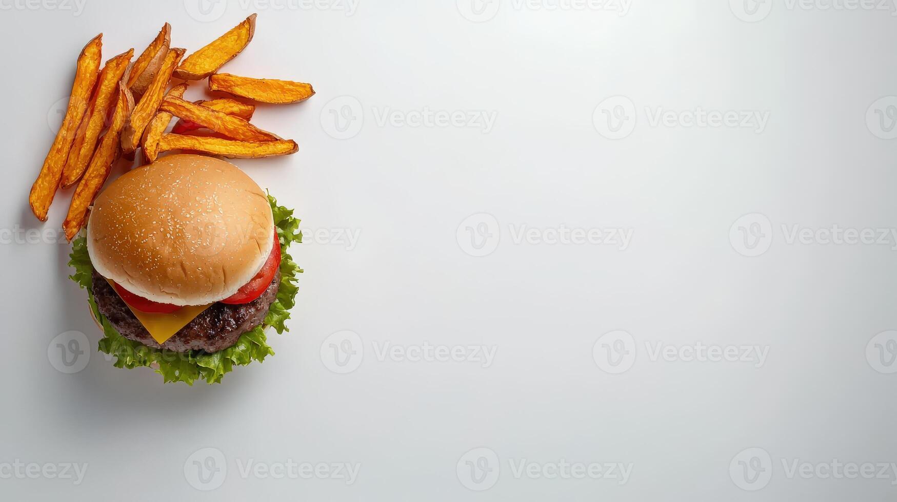 A hamburger and fries on a white background photo