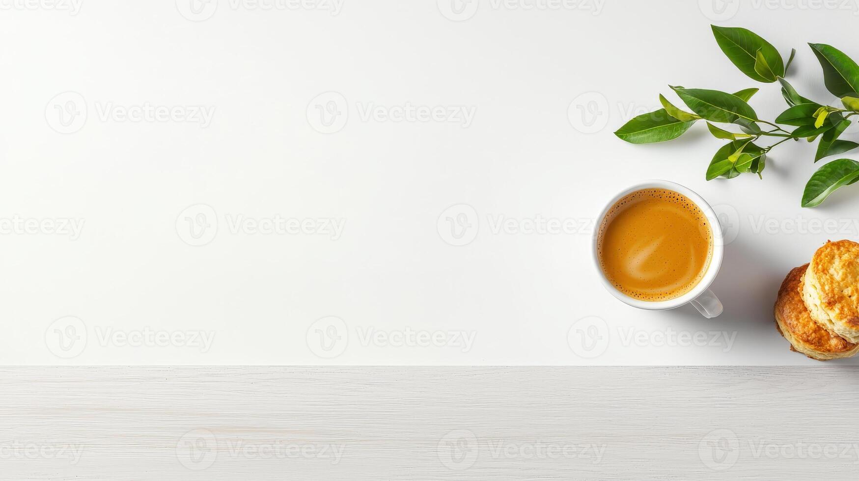 Cup of coffee and biscuits on white table top view photo