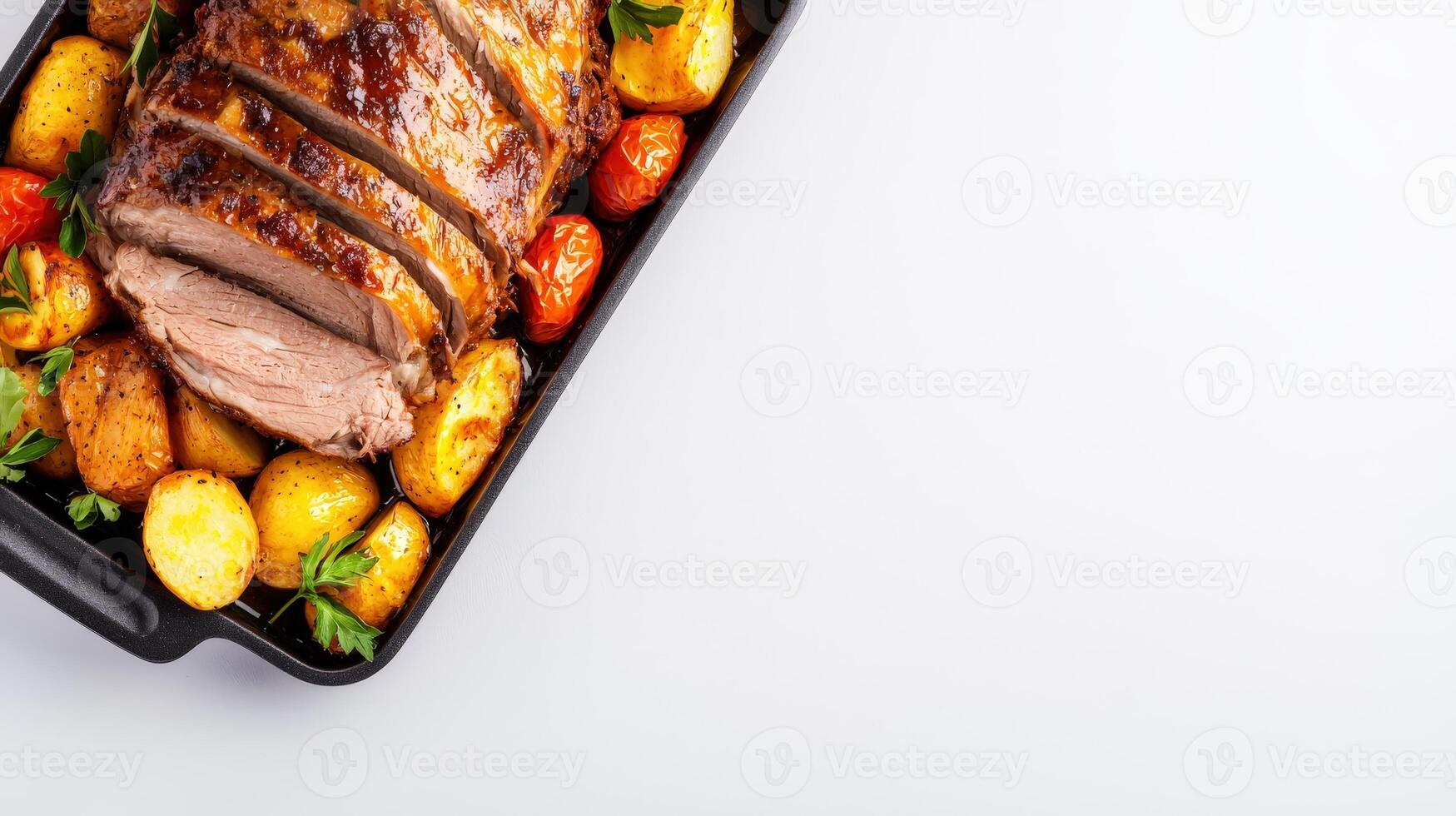 Roast pork roast with potatoes and tomatoes in a baking dish photo