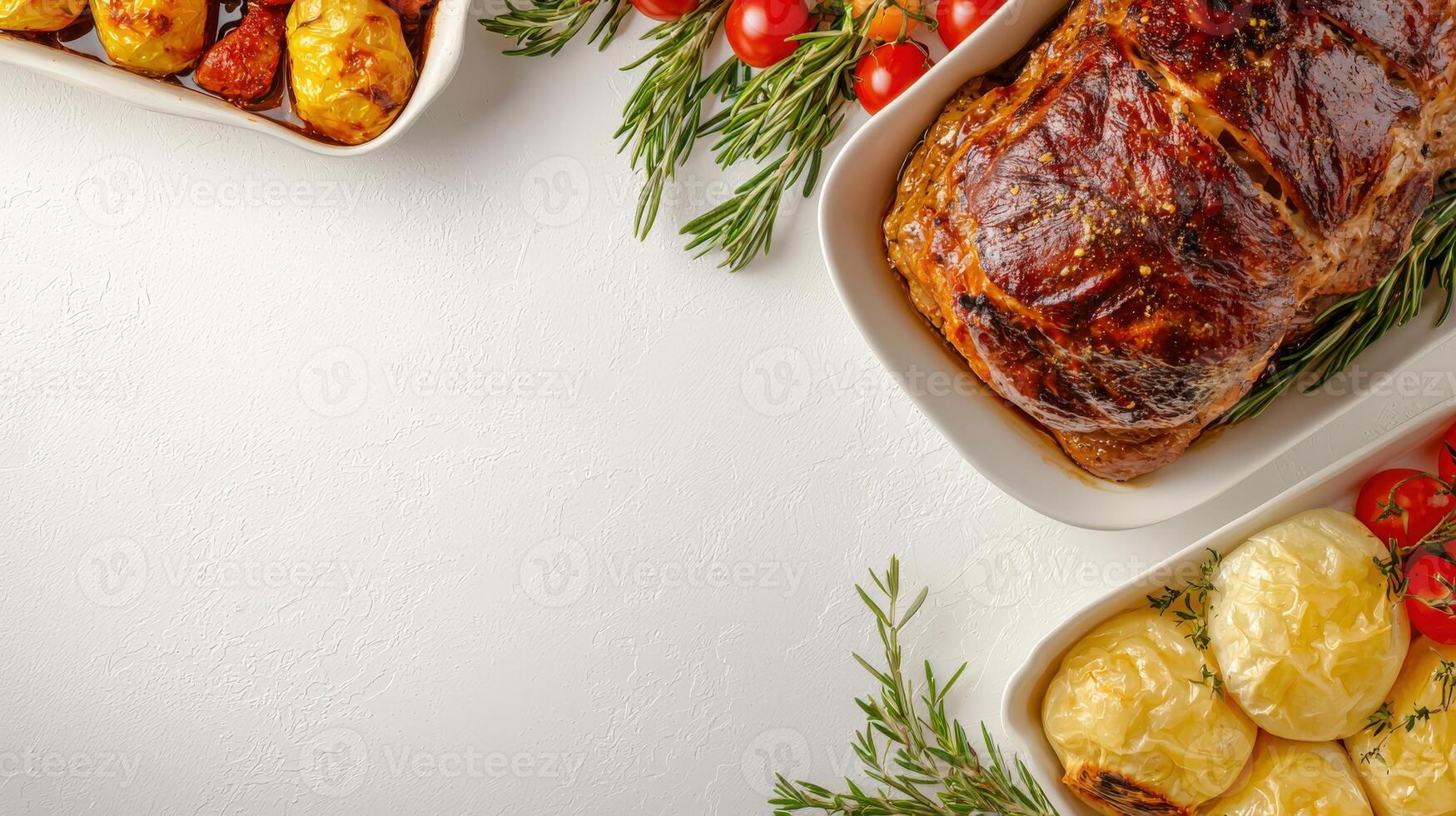 A variety of food in white dishes on a white table photo