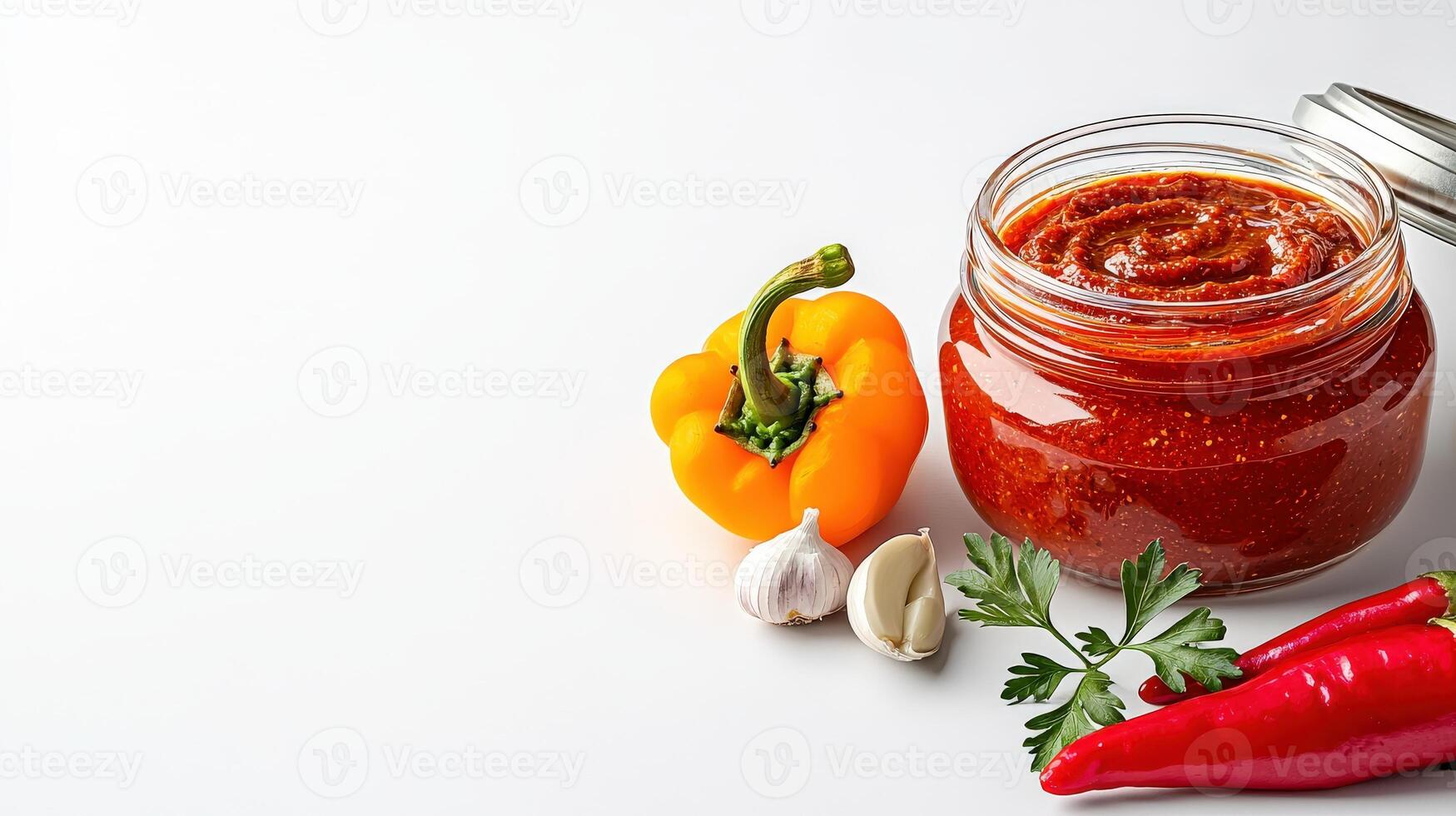 A jar of sauce with peppers, garlic and herbs photo