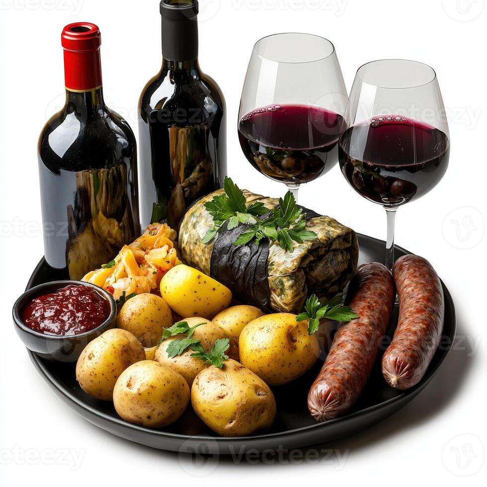 A plate with potatoes, sausage, and wine photo