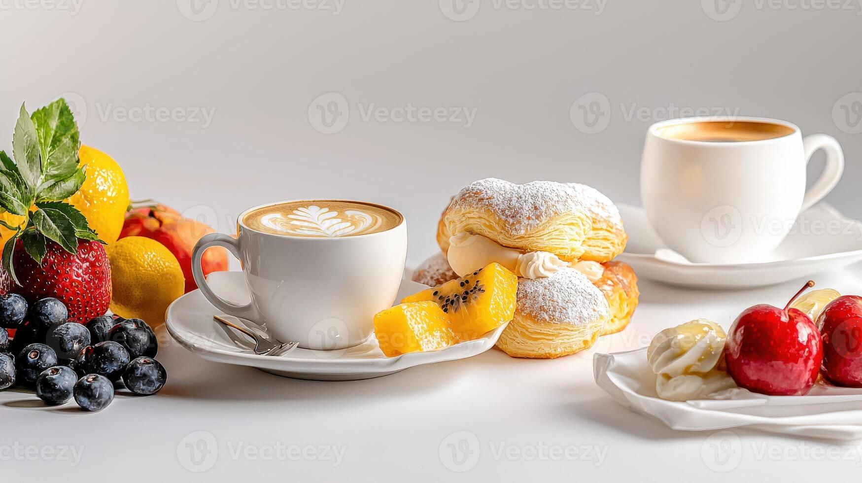 A table with two cups of coffee and a plate of fruit photo