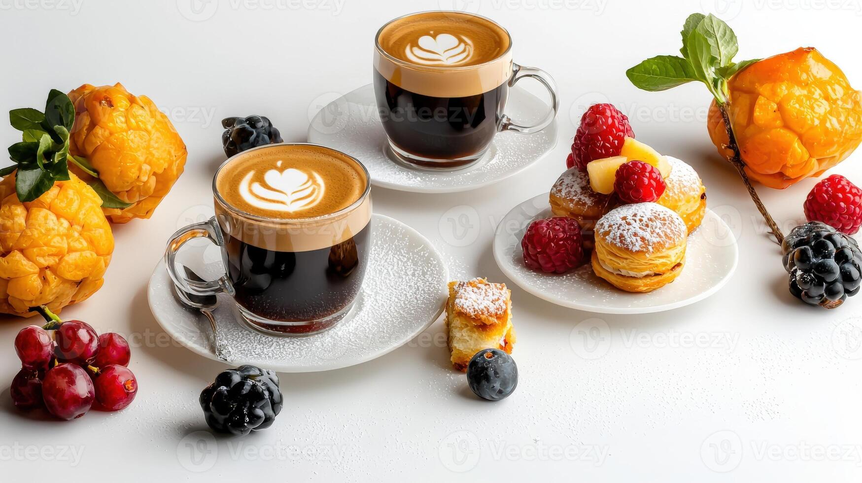 Two cups of coffee and fruit on a white table photo