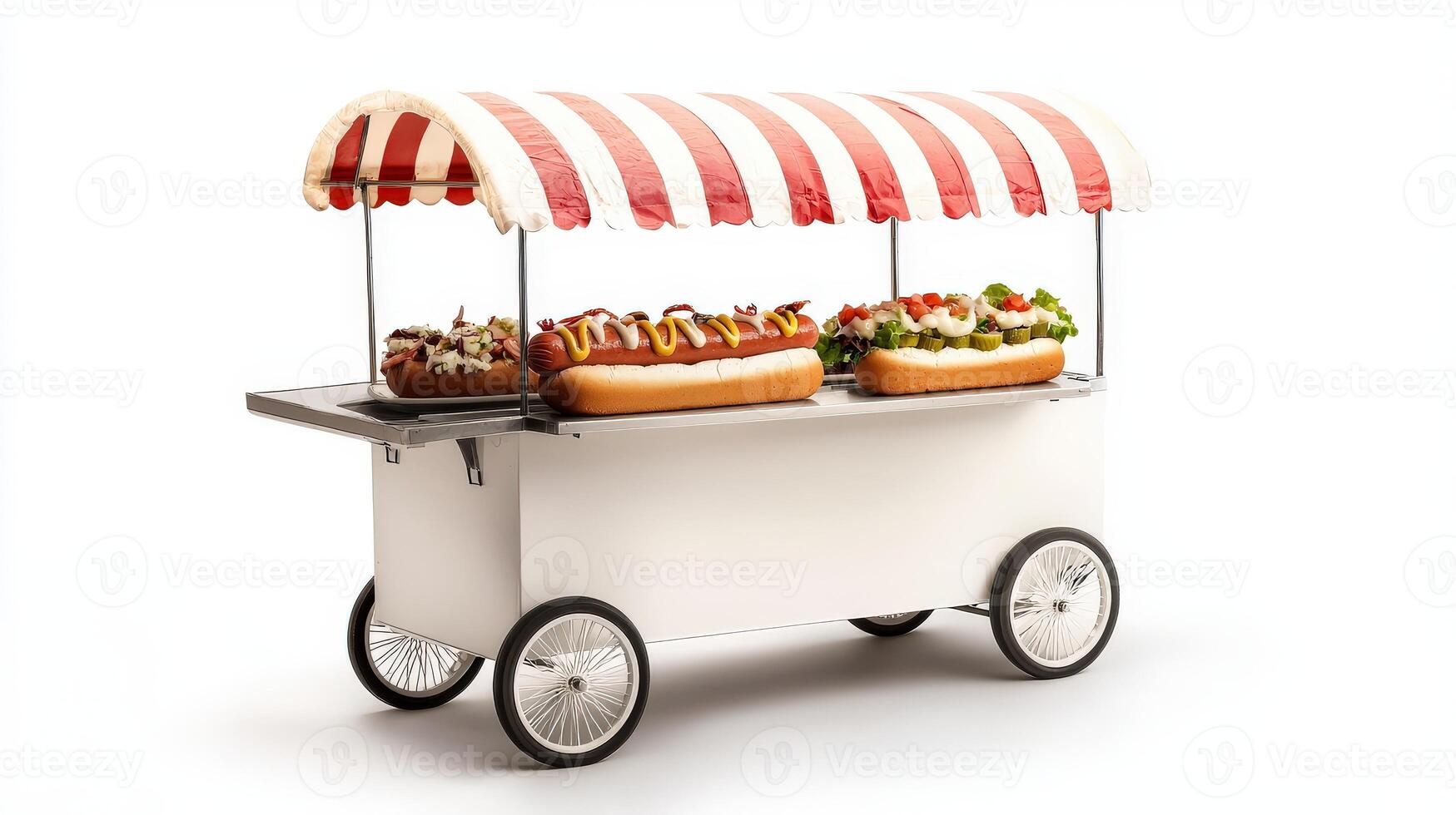 A hot dog cart with a red and white awning photo