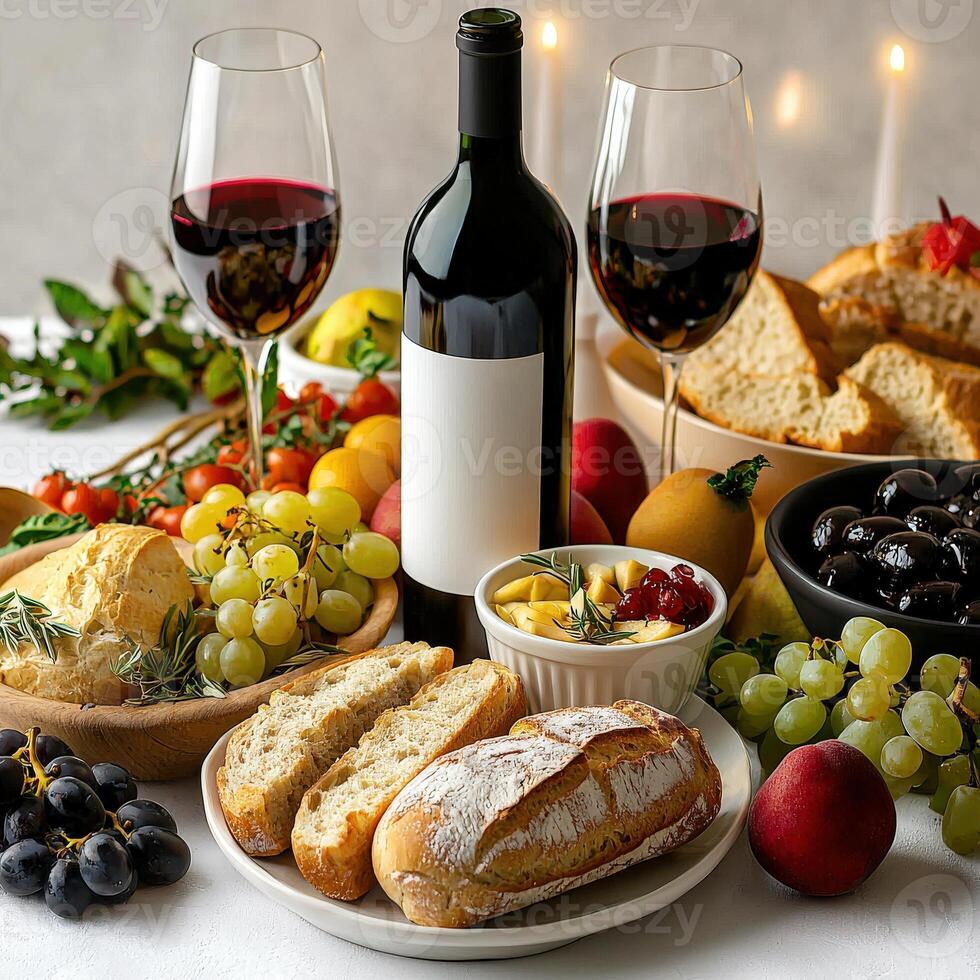 A table with a bottle of wine, bread, grapes, and fruit photo