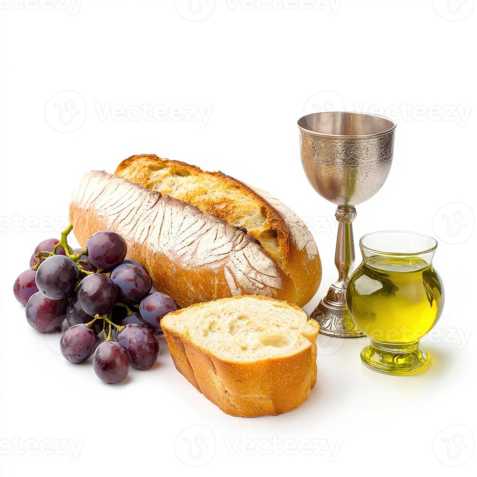 Bread, grapes and wine on a white background photo