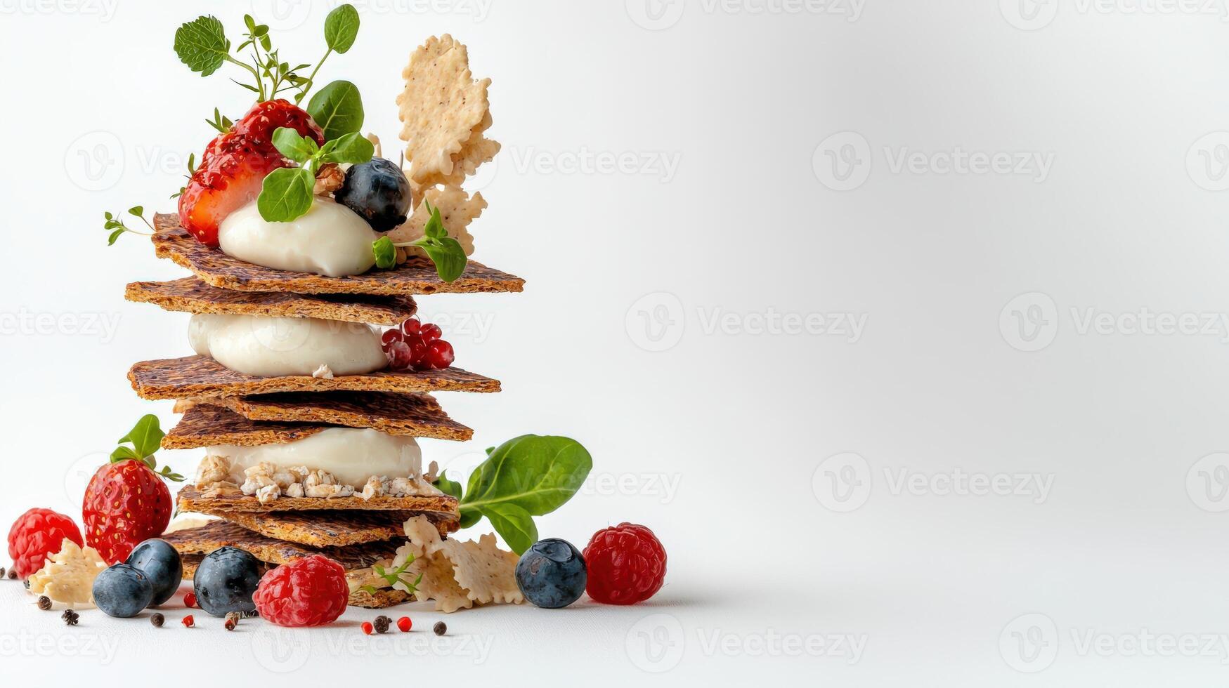 A stack of pancakes with berries and cream photo