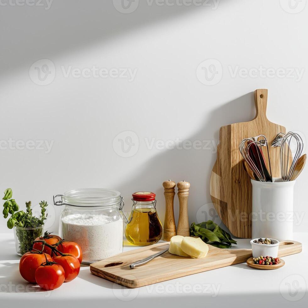 Kitchen utensils on a white counter top photo