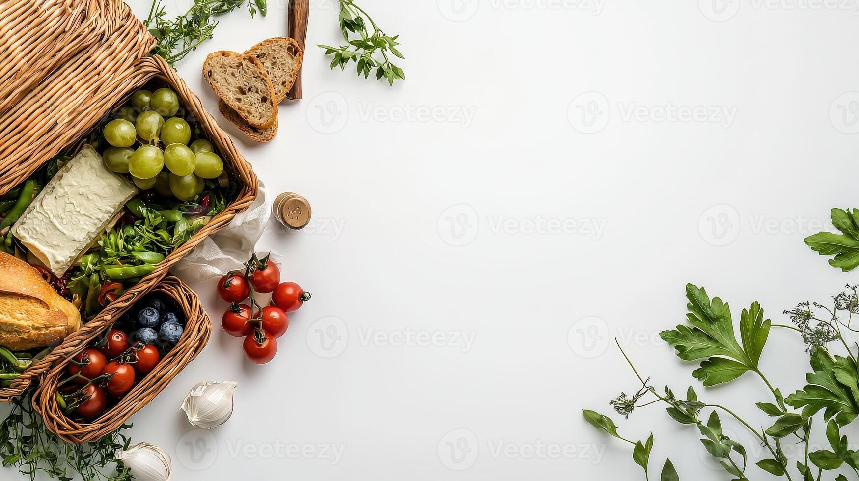 A basket with vegetables and bread on a white background photo