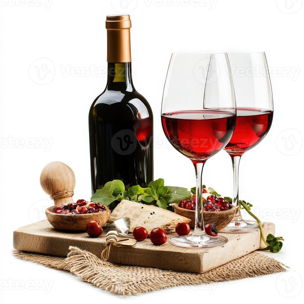 Wine and cheese on a wooden board with berries photo