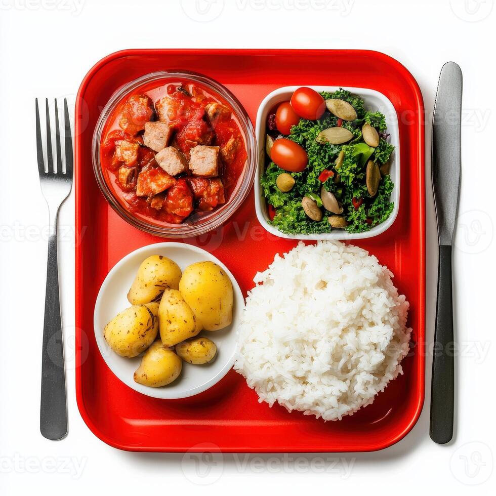 A red tray with rice, potatoes, and vegetables photo