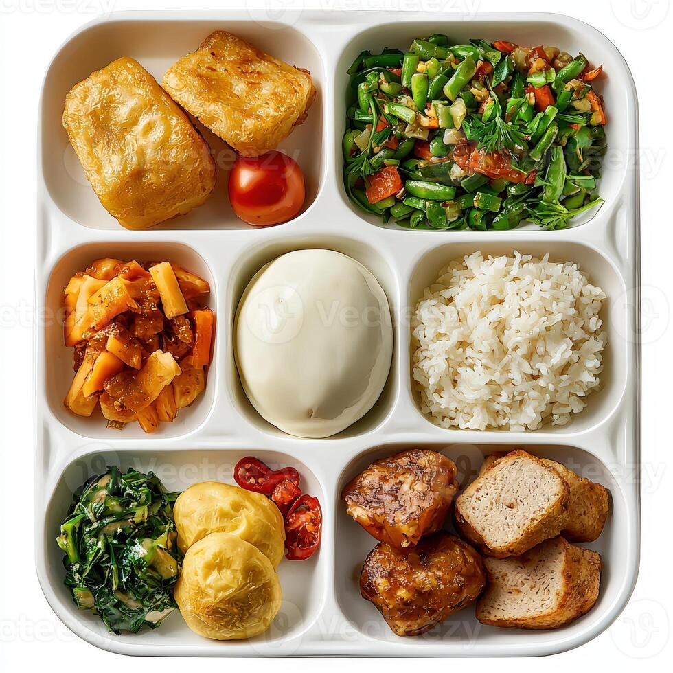 A white tray with food on it photo