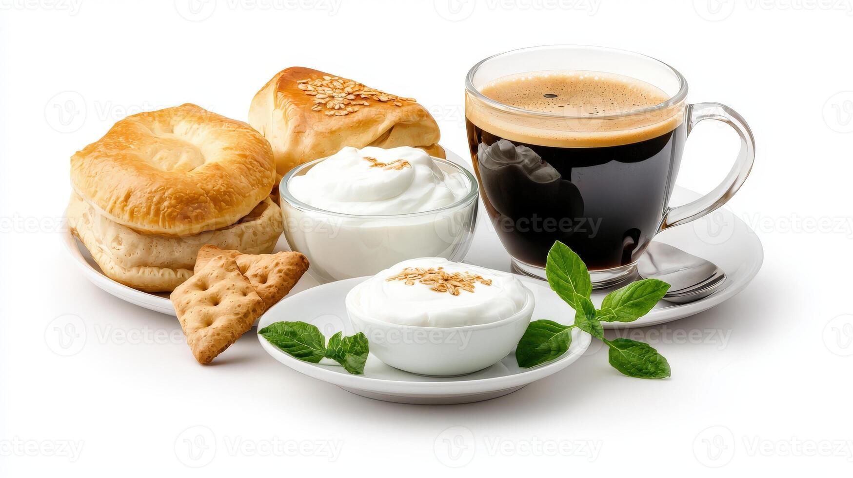 A cup of coffee, a pastry and a pastry on a plate photo