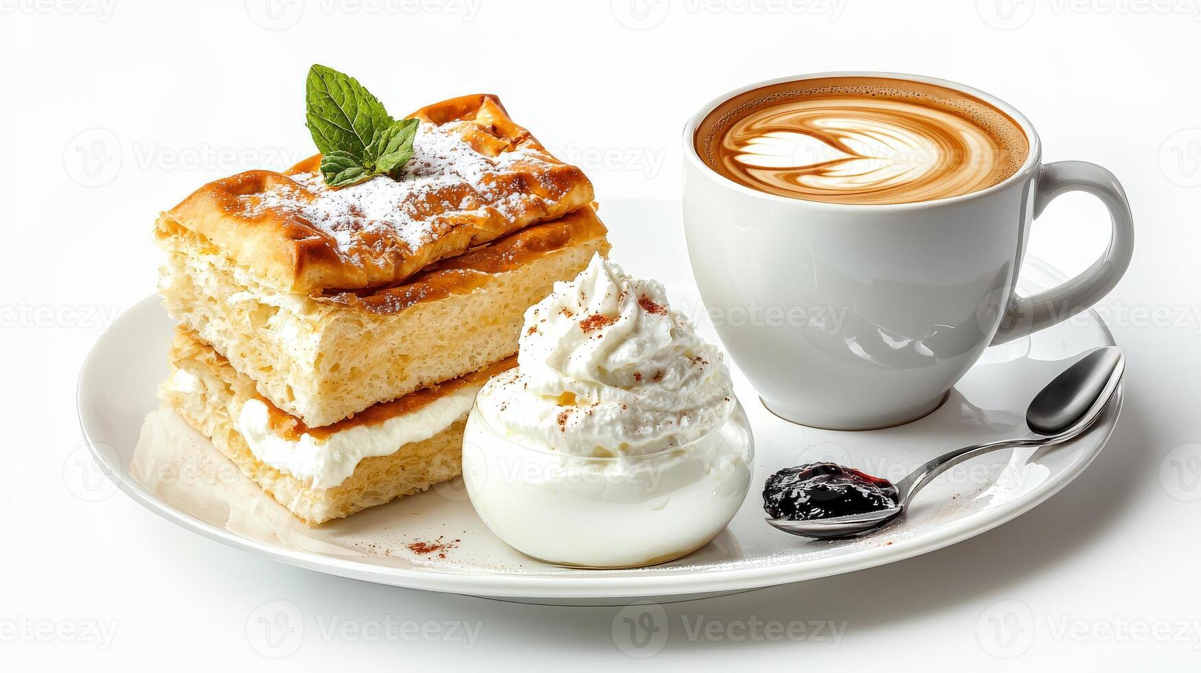 A plate with a piece of cake and a cup of coffee photo