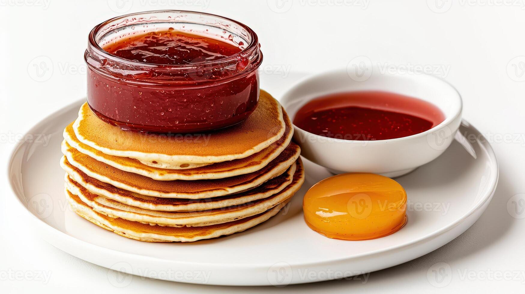 A stack of pancakes with jam and a bowl of fruit photo