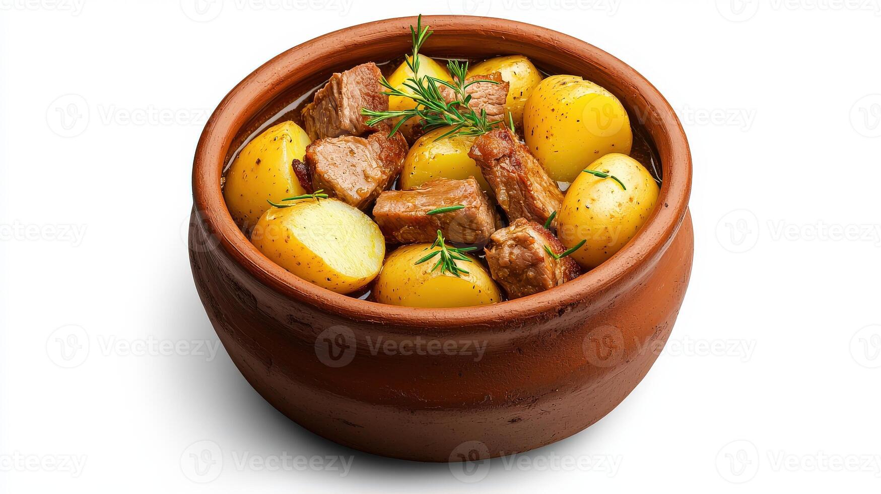 A clay pot filled with potatoes and meat photo