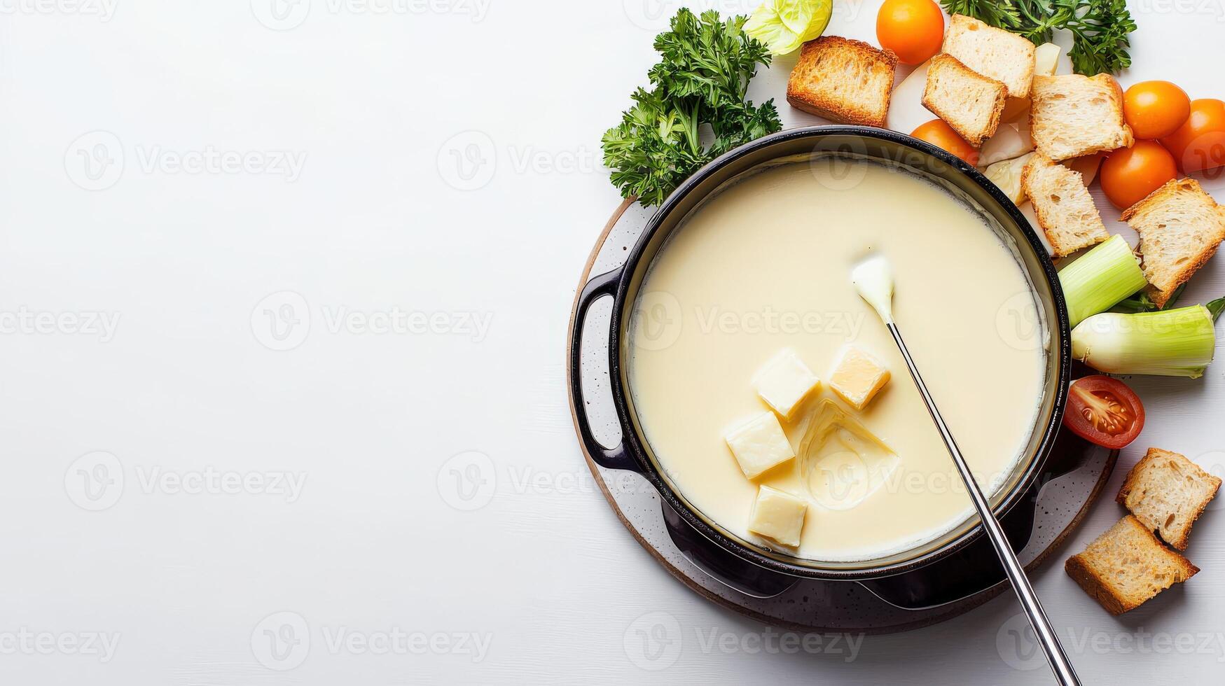 Cheese fondue with bread and vegetables photo