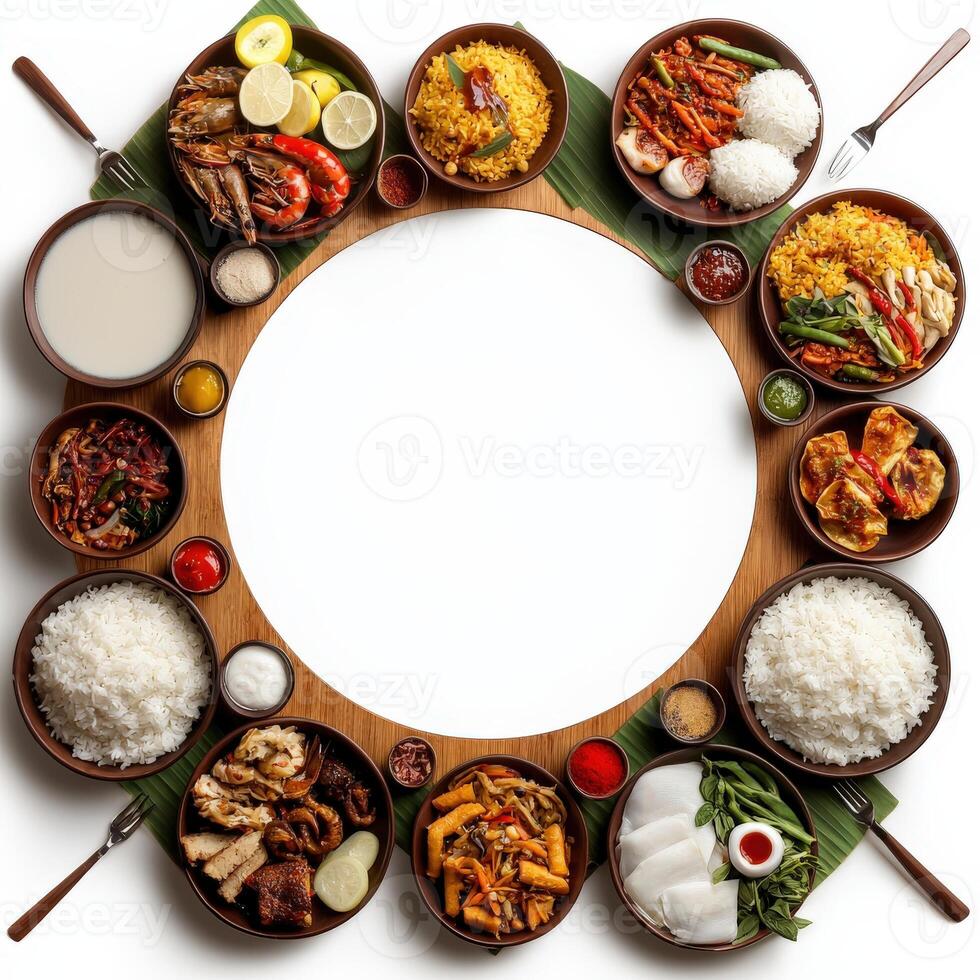 A circular frame with many different types of food photo