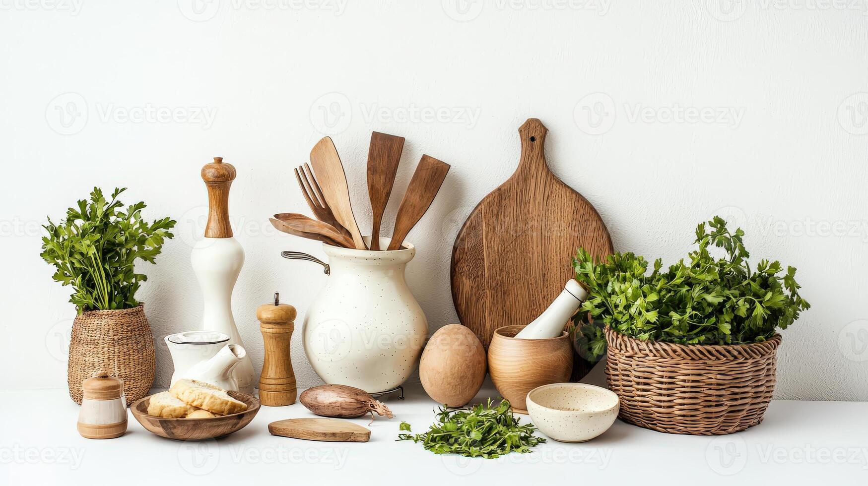 Various wooden utensils and herbs on a white table photo
