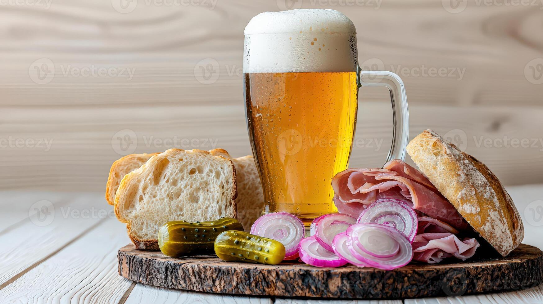 A glass of beer and bread on a wooden board photo