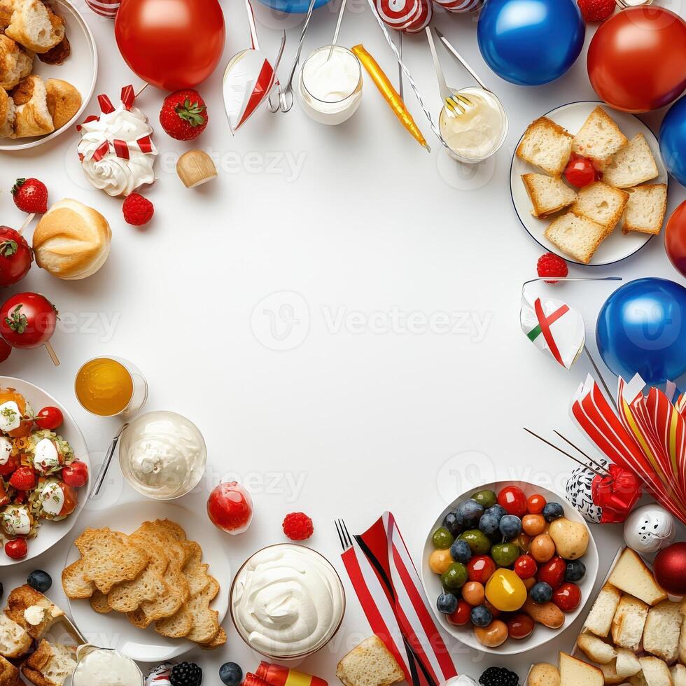 An image of a table with various foods and desserts photo