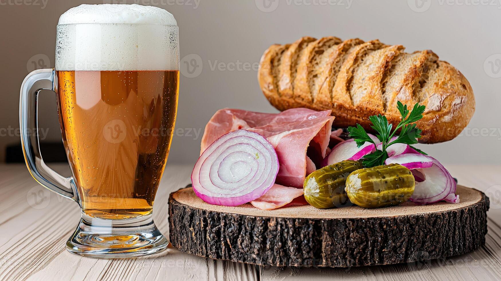 A glass of beer and a plate of food photo