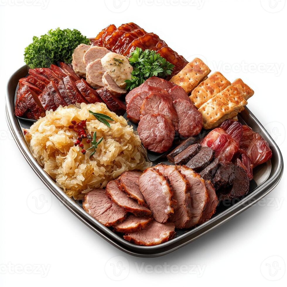 A tray of meat and other food items photo