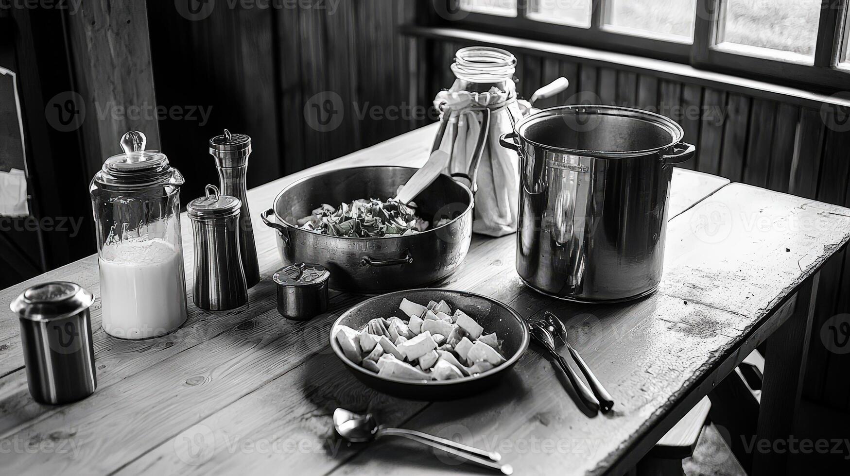 A table with bowls, spoons, and other utensils photo