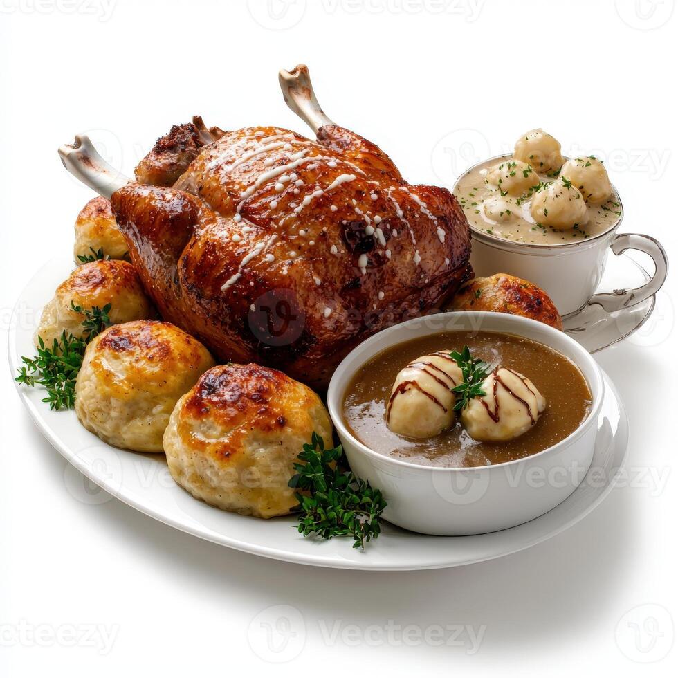 A large roast turkey on a plate with gravy and other food photo