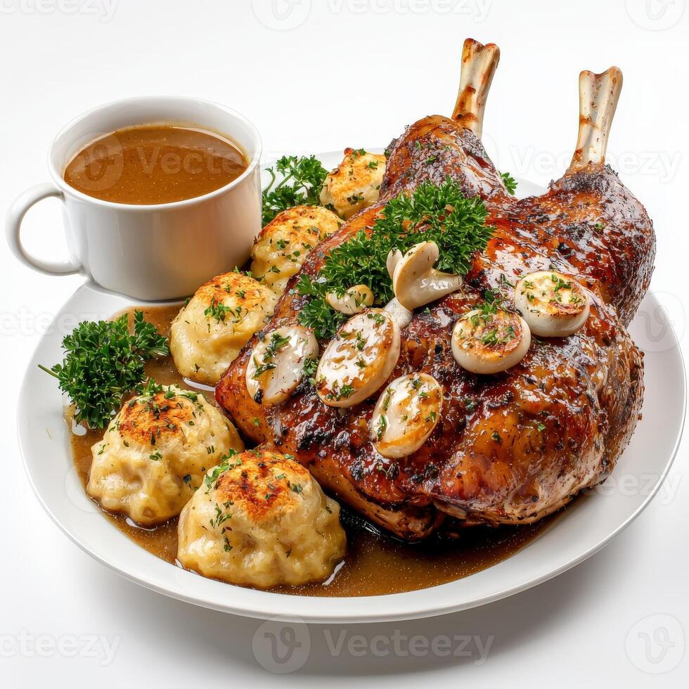 A plate of food with a roast duck, potatoes and gravy photo