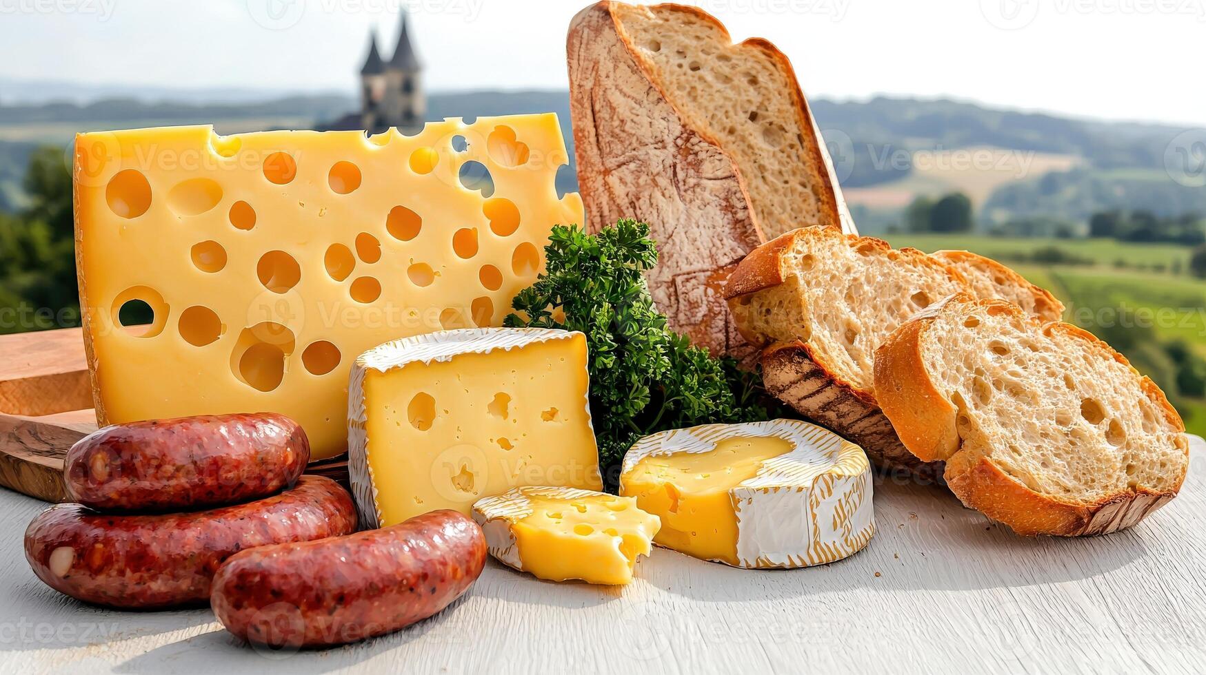 A table with cheese, bread, and sausage photo